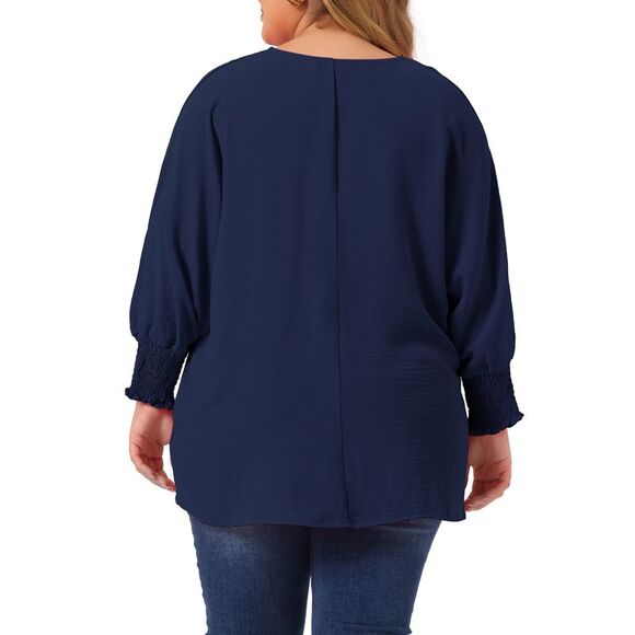 Plus Size Chiffon Tops Batwing Ruffle Elbow Sleeve Loose Shirts Navy Blue - Picture 4 of 5